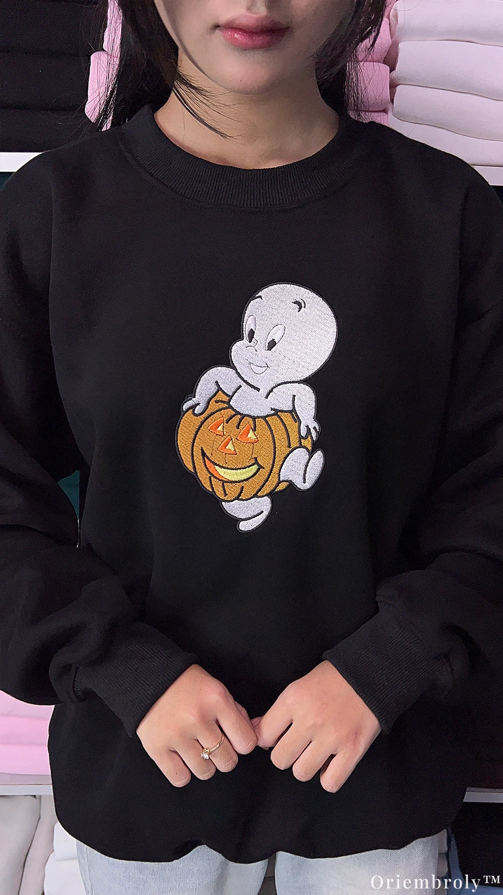 Friendly Ghost Orange Pumpkin Halloween Embroidered Black Crewneck Sweatshirt