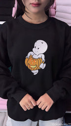 Friendly Ghost Orange Pumpkin Halloween Embroidered Black Crewneck Sweatshirt