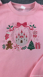 Fairytale Castle Pink Bow Ribbon Gingerbread Embroidered Sweatshirt