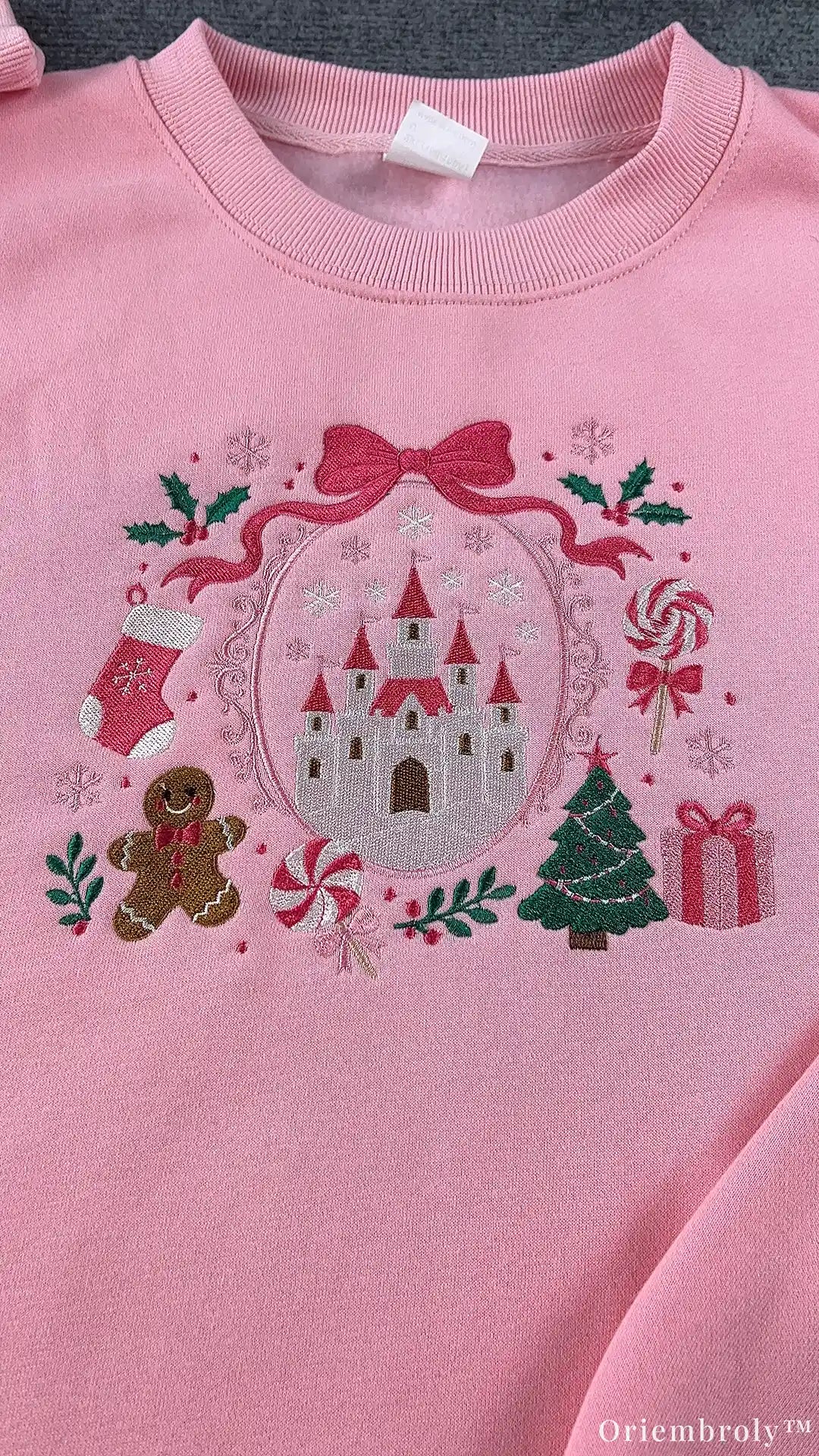 Fairytale Castle Pink Bow Ribbon Gingerbread Embroidered Sweatshirt