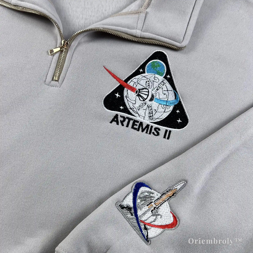 NASA Artemis II Embroidered Quarter Zip – Space Mission Pullover Sweatshirt