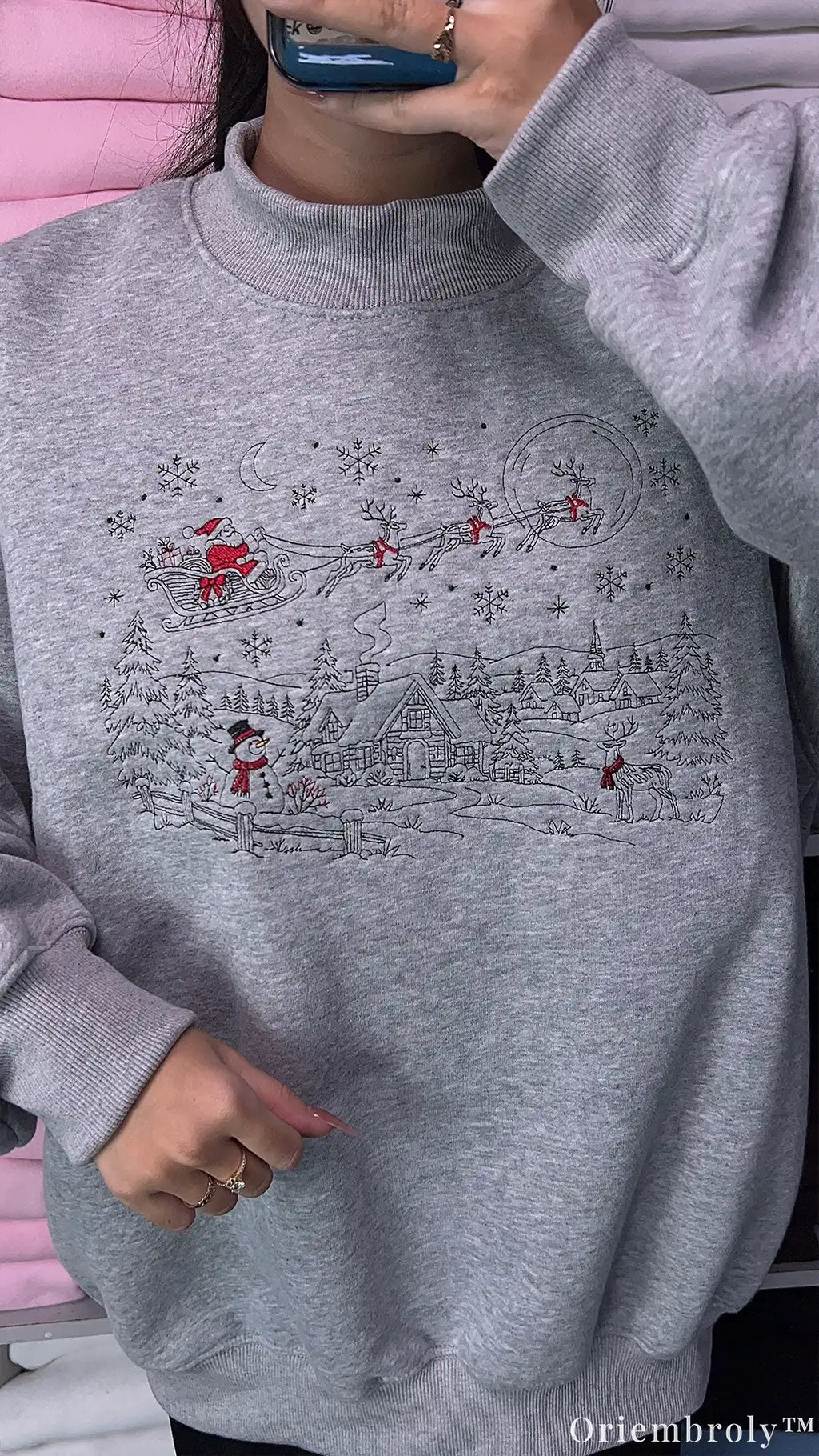 Vintage Christmas Winter Village Santa Sleigh Embroidered Mock-Neck Sweatshirt