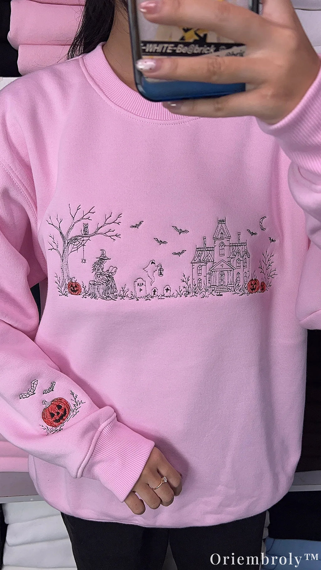 Halloween Village Embroidered Sweatshirt – Witch & Pumpkin Crewneck