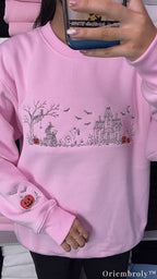 Halloween Village Embroidered Sweatshirt – Witch & Pumpkin Crewneck