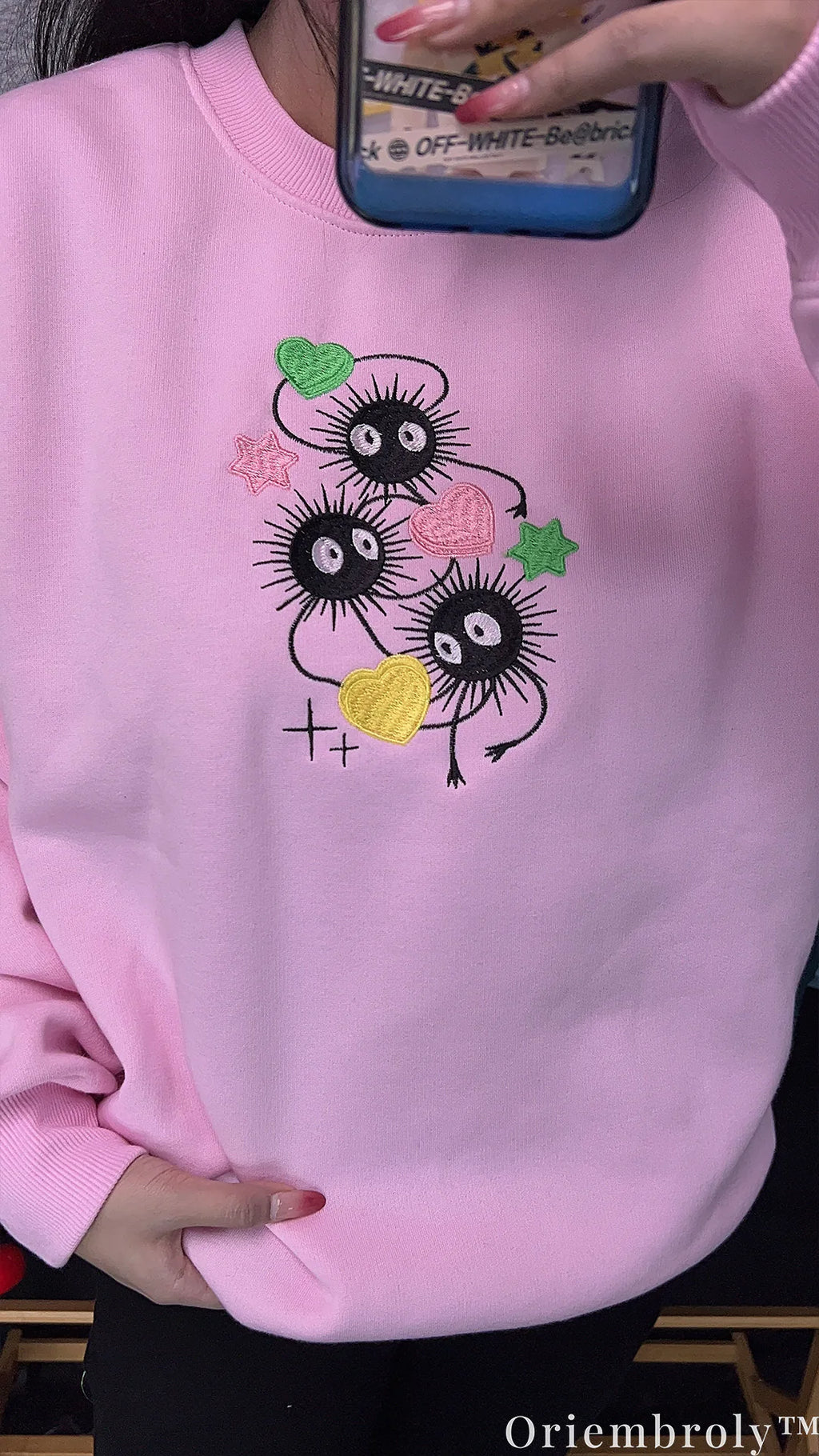Studio Ghibli Soot Sprite Embroidered Sweatshirt – Cute Anime Crewneck Pink