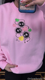 Studio Ghibli Soot Sprite Embroidered Sweatshirt – Cute Anime Crewneck Pink