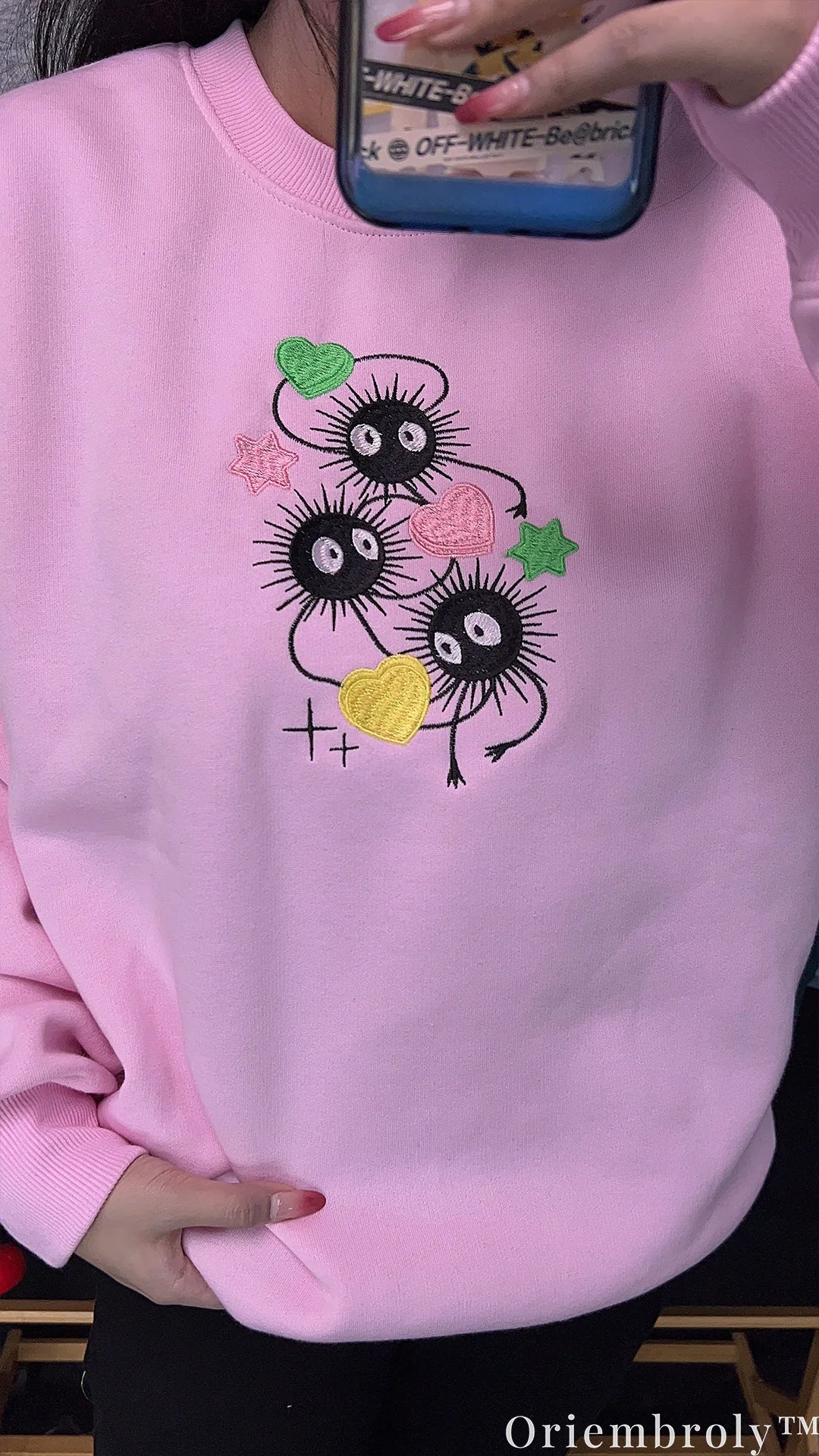 Studio Ghibli Soot Sprite Embroidered Sweatshirt – Cute Anime Crewneck Pink