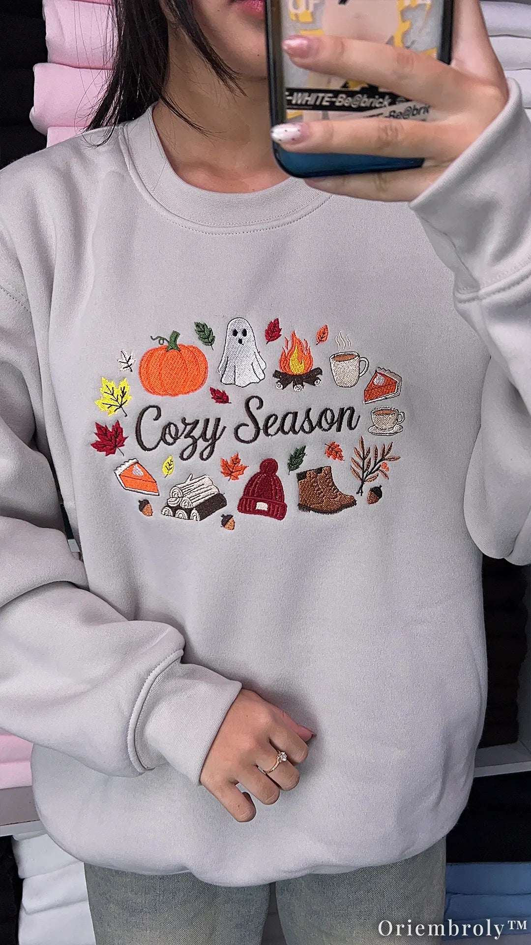Cozy Season Embroidered Sweatshirt – Autumn Coffee & Pumpkin Fleece Crewneck, Cozy Fall Unisex Pullover