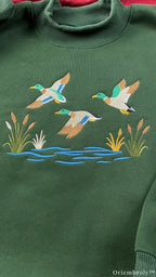 Mallard Ducks Lake Marshland Embroidered Mock-Neck Sweatshirt