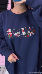 Festive Dalmatian Puppies Santa Hats Christmas Embroidered Crewneck Sweatshirt