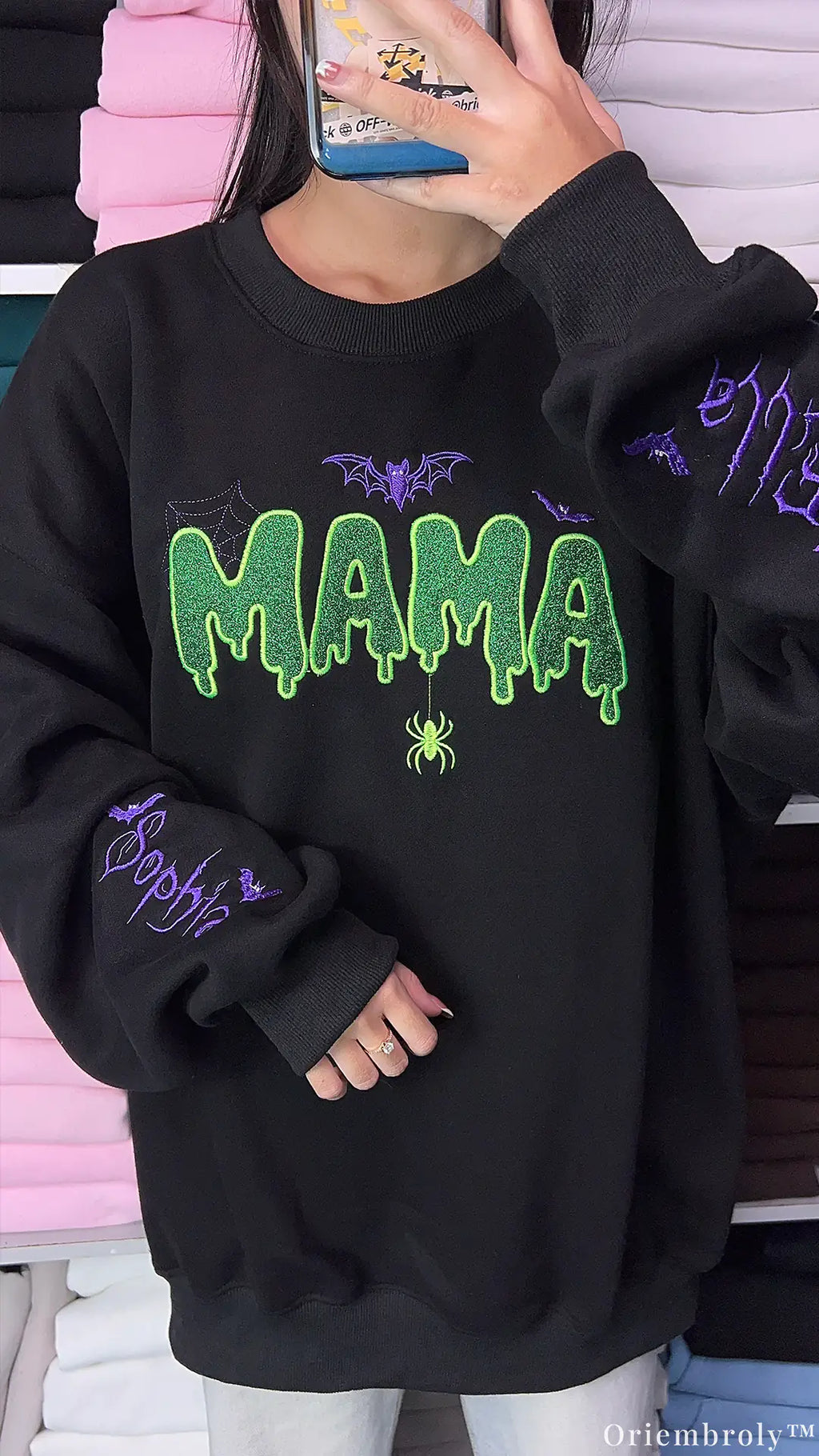 Spooky Dripping Mama Lime Green Glitter Embroidered Black Crewneck Sweatshirt