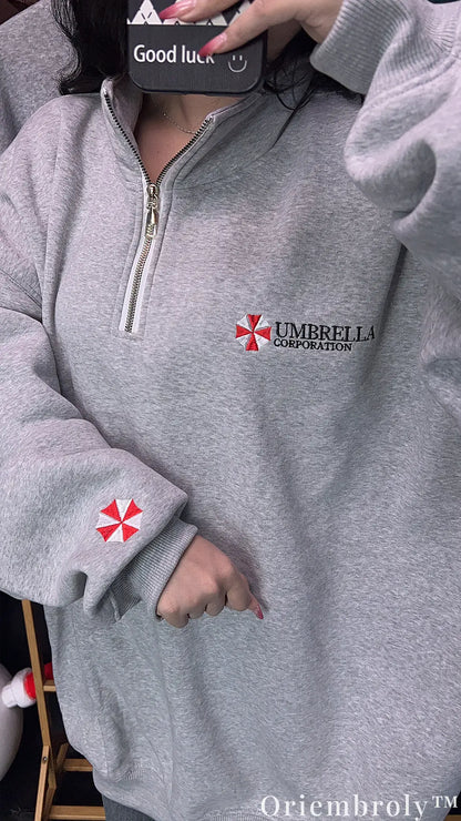 Resident Evil Umbrella Corporation Embroidered Quarter Zip Pullover – Gamer Sweatshirt