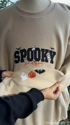 Spooky Season Embroidered Appliqué Sweatshirt – Glitter Ghost Halloween Crewneck, Cozy Fall Pullover