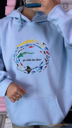 Go With The Flow Marine Life Sea Turtle Manta Ray Embroidered Light Blue Hoodie