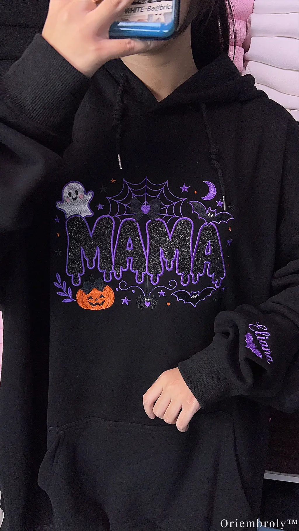 Spooky Dripping Mama Ghost Pumpkin Embroidered Black Pullover Hoodie