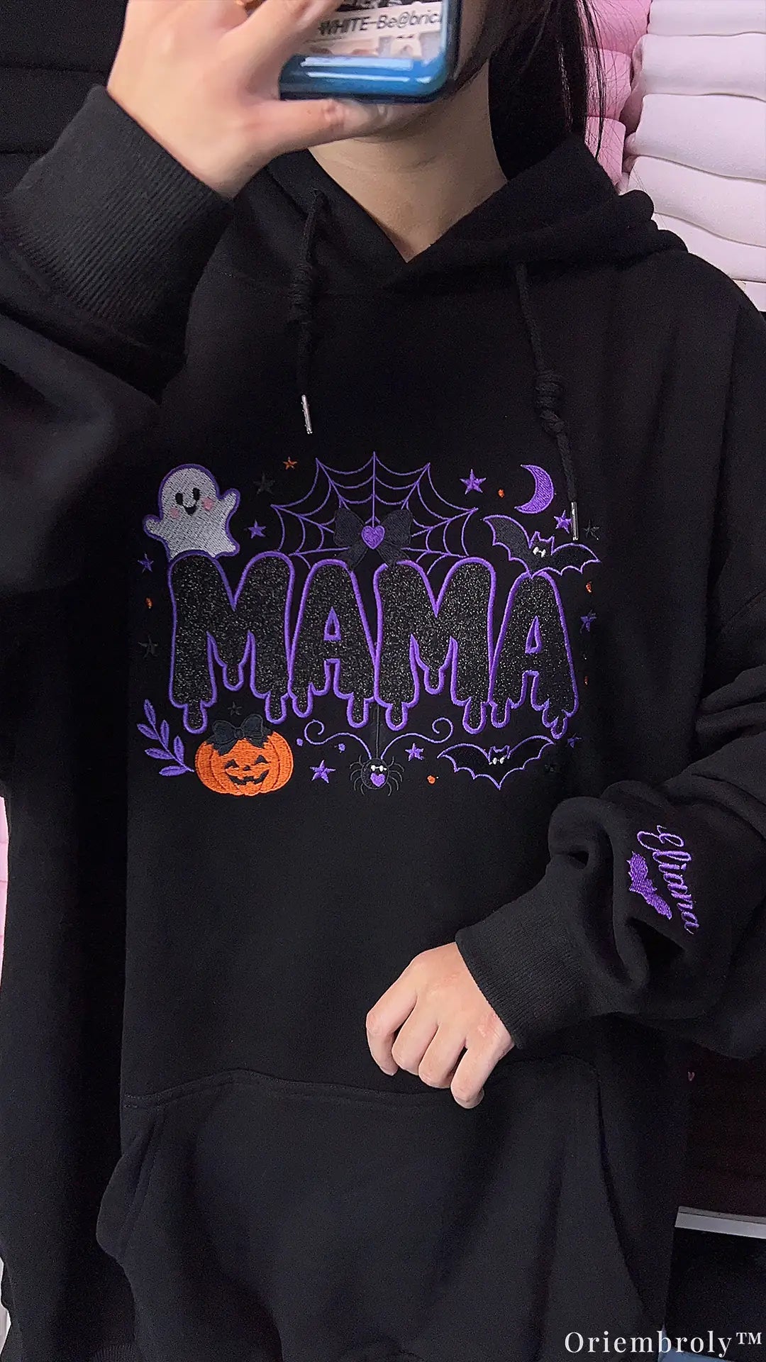 Spooky Dripping Mama Ghost Pumpkin Embroidered Black Pullover Hoodie