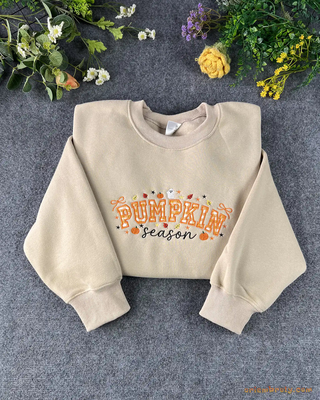 Pumpkin Season Gingham Patchwork Embroidered Dark Brown Crewneck Sweatshirt