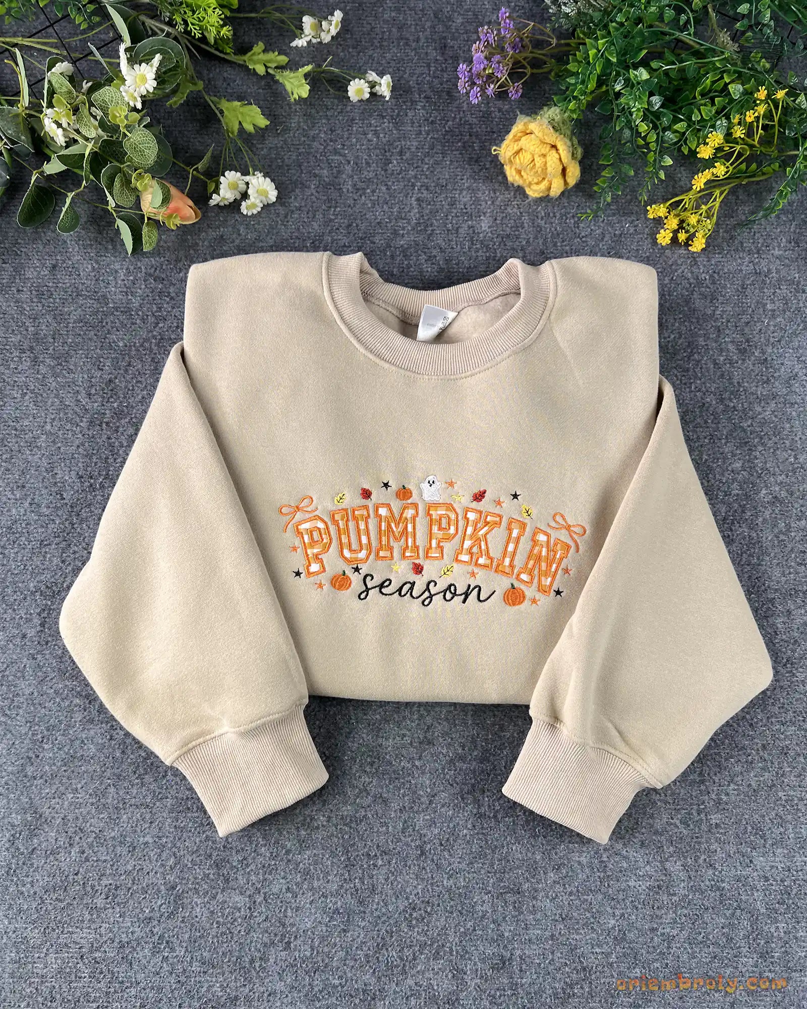 Pumpkin Season Gingham Patchwork Embroidered Dark Brown Crewneck Sweatshirt