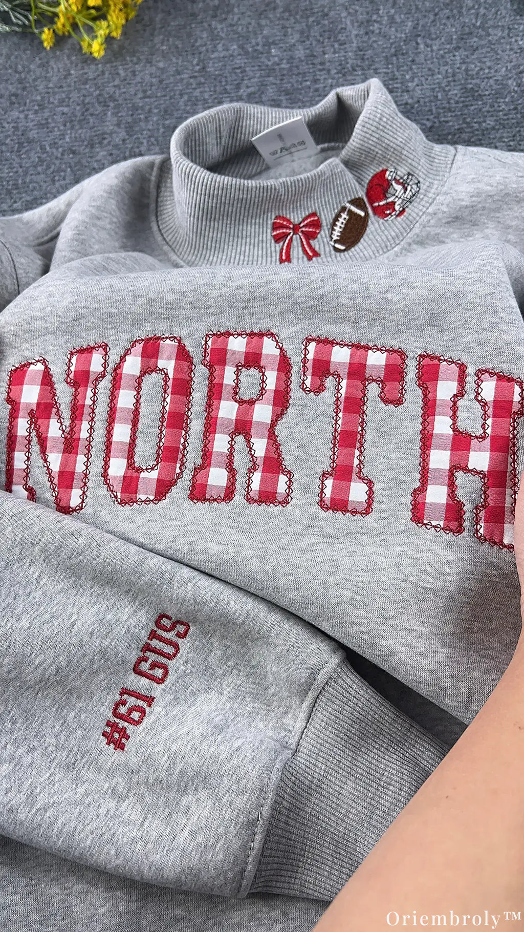Custom Gingham Plaid Applique Football Embroidered Light Grey Mock Neck Sweatshirt