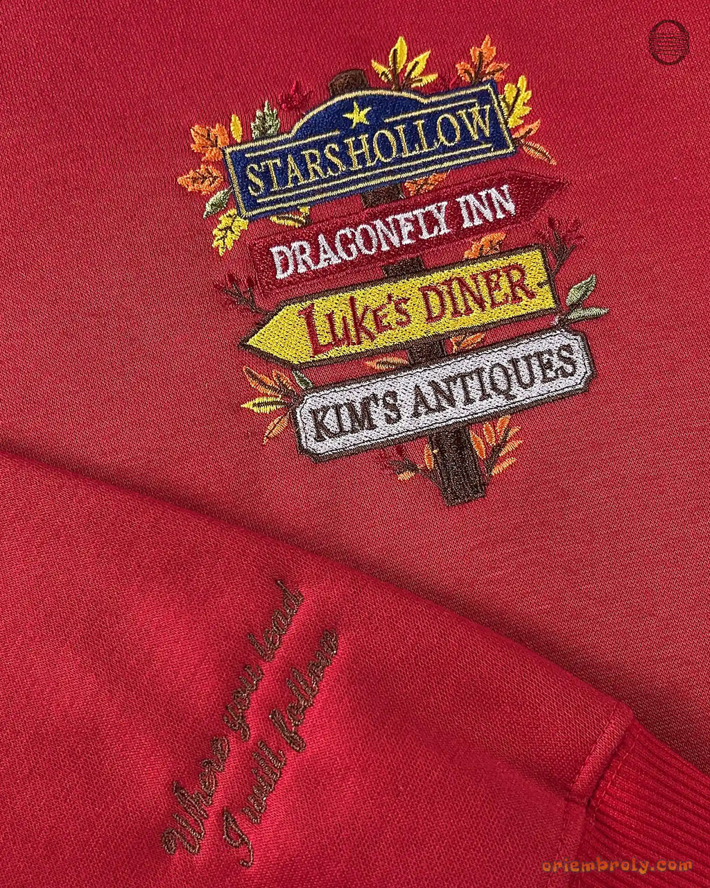 Stars Hollow Directional Signpost Embroidered Red and Black Crewneck Sweatshirt