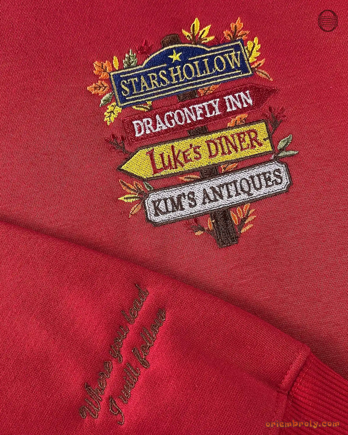 Stars Hollow Directional Signpost Embroidered Red and Black Crewneck Sweatshirt