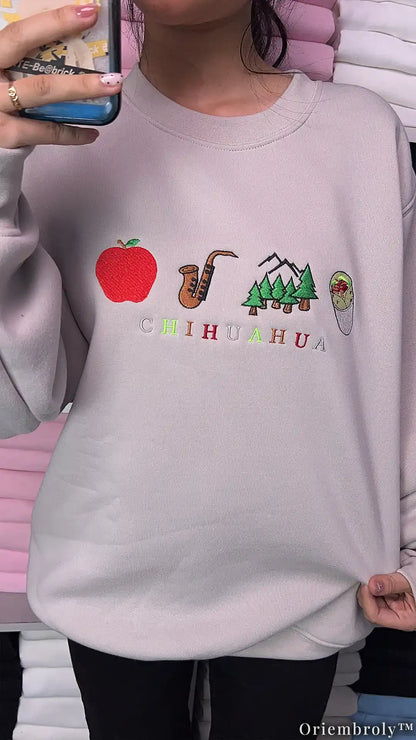 Chihuahua Rebus Puzzle Sweater - Apple Sax Mountain Burrito