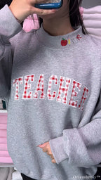 Teacher Gingham Plaid Varsity Applique Mock-Neck Sweatshirt