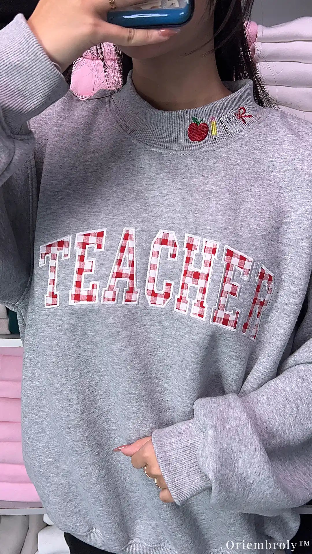 Teacher Gingham Plaid Varsity Applique Mock-Neck Sweatshirt