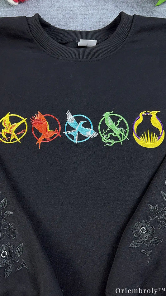 Dark Fantasy Mockingjay Emblem Embroidered Black Crewneck Sweatshirt