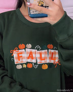 Fall Pumpkin Gingham Embroidered Crewneck Sweatshirt, Cozy Autumn Appliqué Design