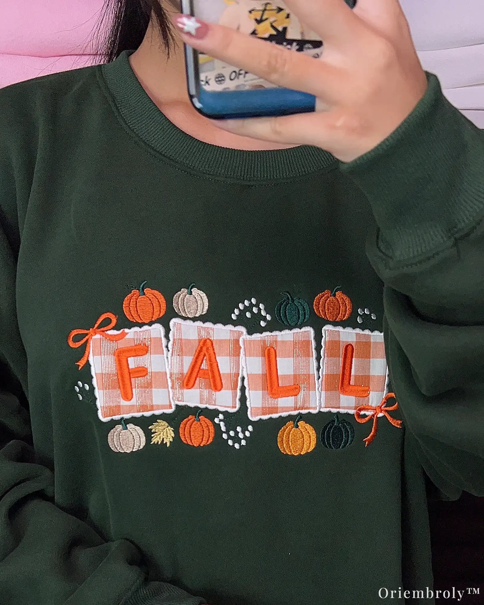 Fall Pumpkin Gingham Embroidered Crewneck Sweatshirt, Cozy Autumn Appliqué Design