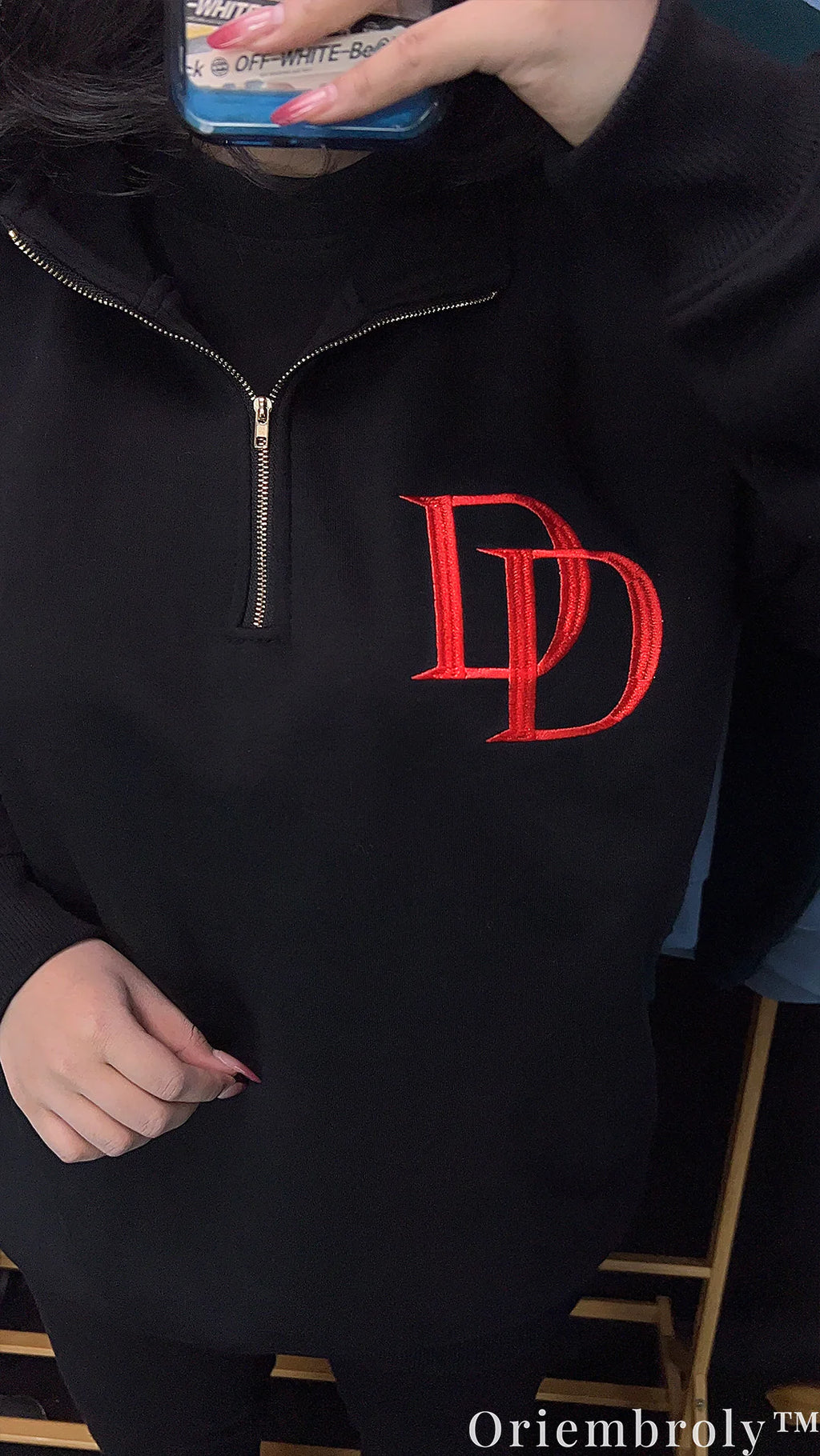 Daredevil DD Logo Embroidered Quarter Zip Pullover – Black Minimalist Marvel Sweatshirt