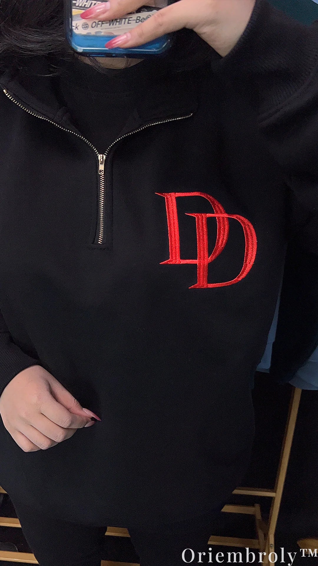 Daredevil DD Logo Embroidered Quarter Zip Pullover – Black Minimalist Marvel Sweatshirt