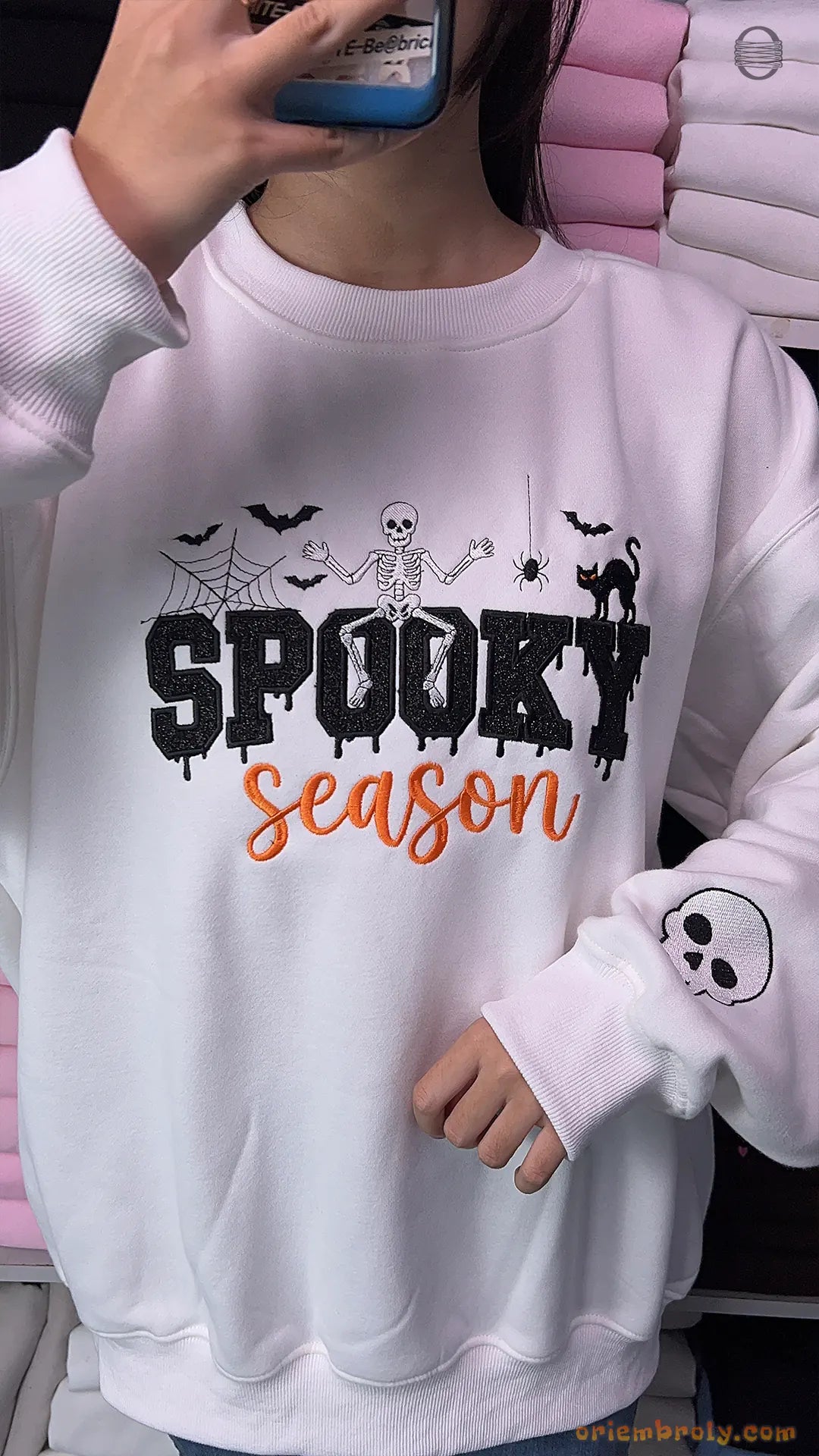 Spooky Season Skeleton Black Cat Embroidered White Crewneck Sweatshirt