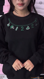 Sports Charm Necklace Draped Embroidered Solid Black Crewneck Sweatshirt