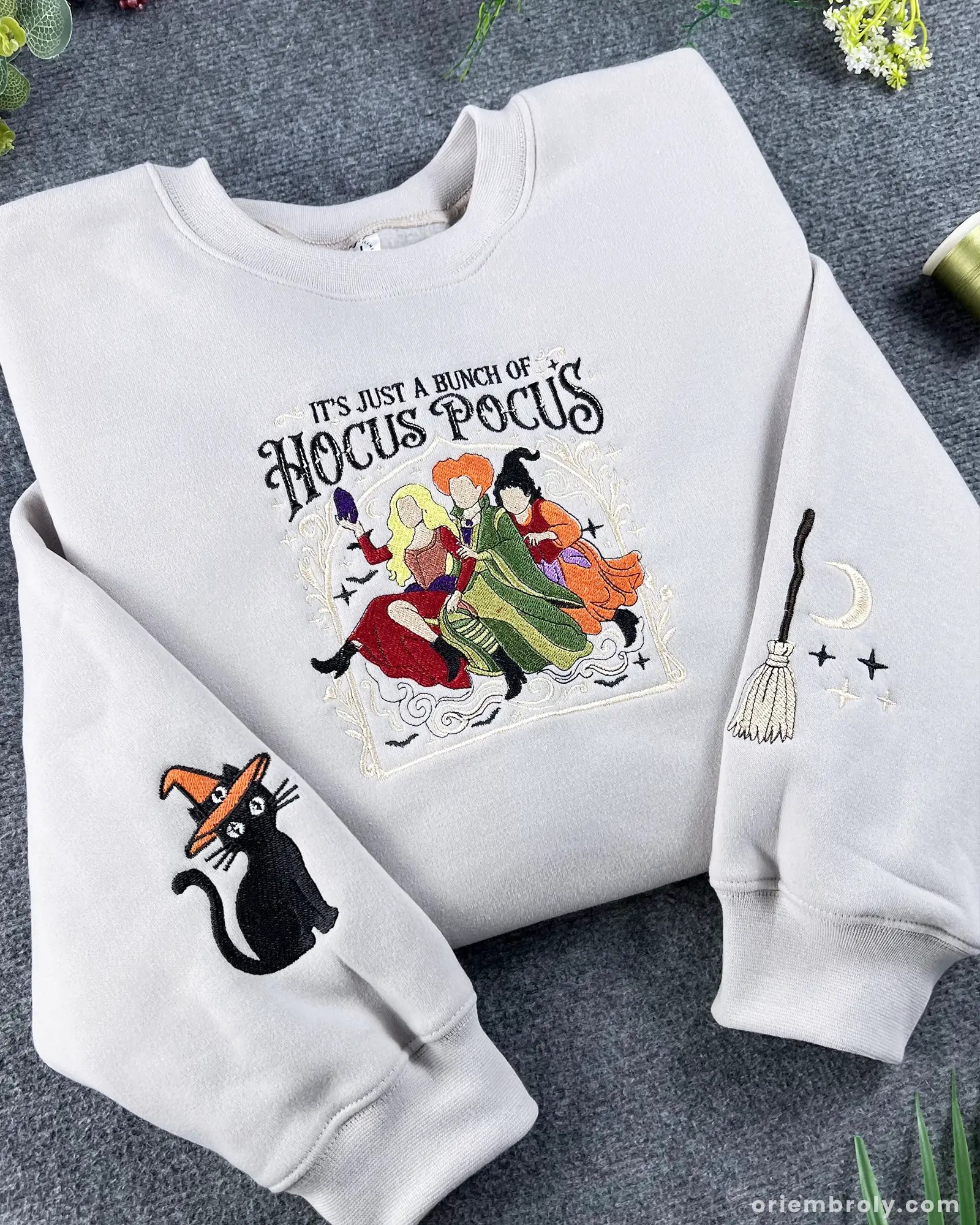 Halloween Embroidered Crewneck Sweatshirt Vintage Witch-Inspired Chest & Sleeve Design Unisex Oversized Pullover
