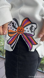 Side Bow Halloween Embroidered Sweatshirt – Vintage Witch Book Crewneck