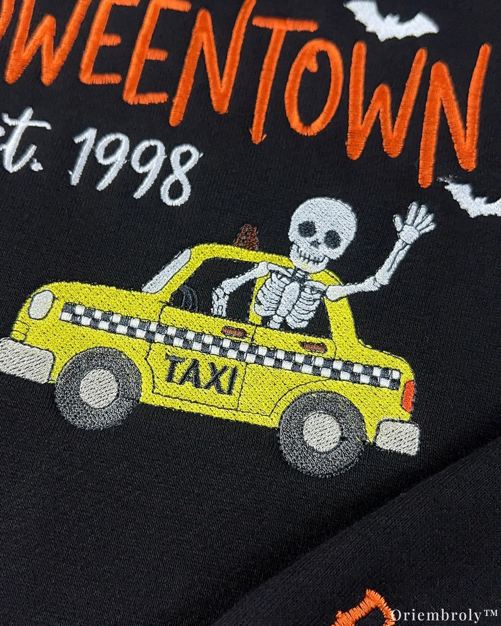 Personalized Halloween Embroidered Hoodie with Spooky Skeleton Taxi & Custom Name