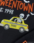 Personalized Halloween Embroidered Hoodie with Spooky Skeleton Taxi & Custom Name
