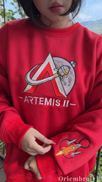 NASA Artemis II Embroidered Sweatshirt – Space Mission Crewneck, Red Pullover