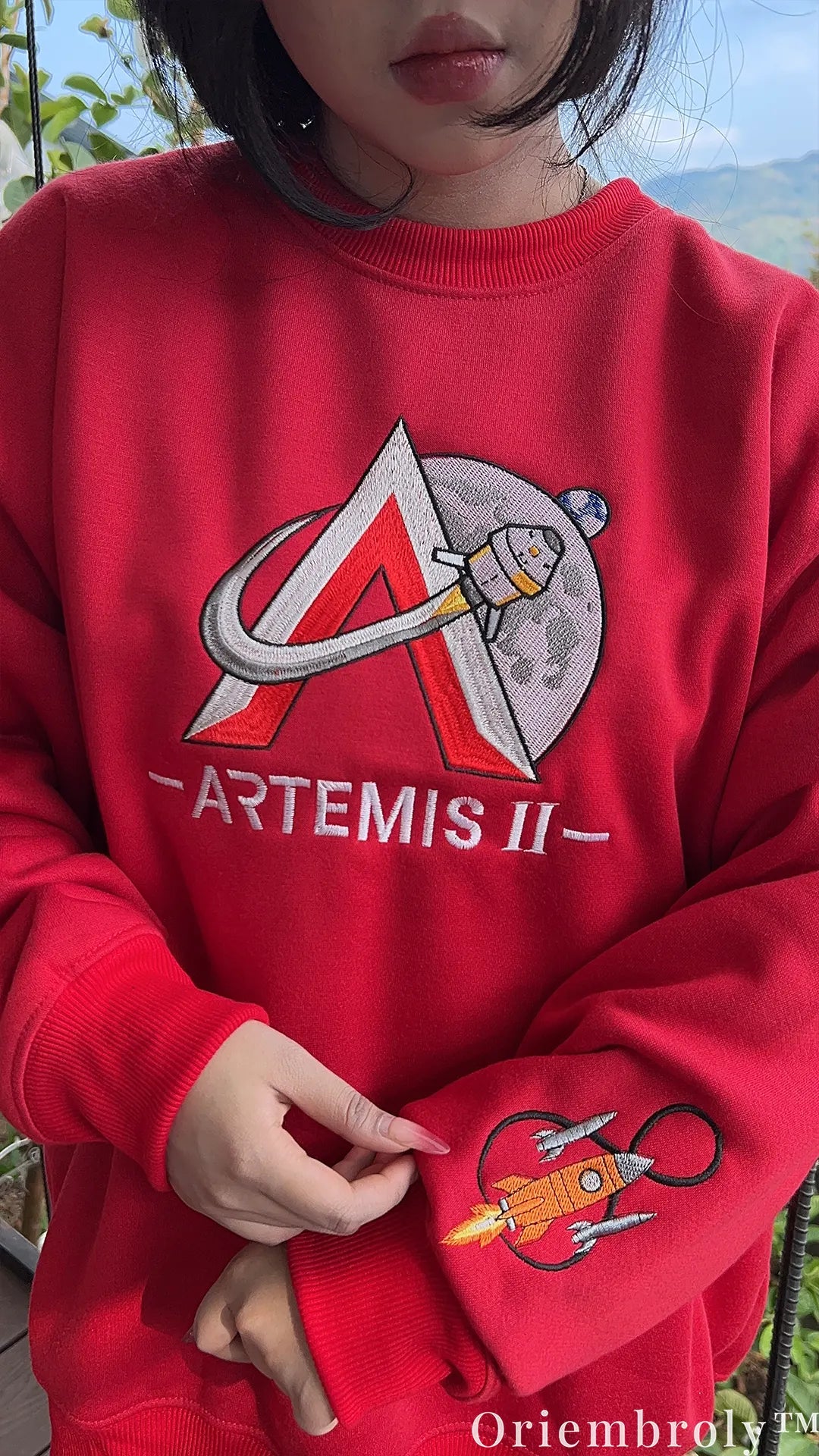 NASA Artemis II Embroidered Sweatshirt – Space Mission Crewneck, Red Pullover