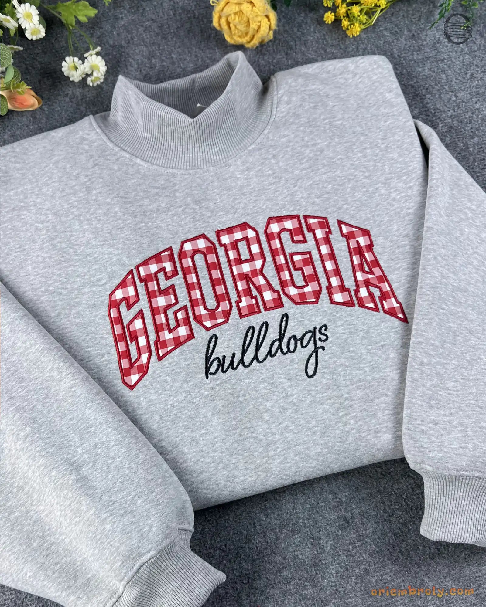 Georgia Bulldogs Game Day Gingham Embroidered Heather Grey Mock Neck Sweatshirt