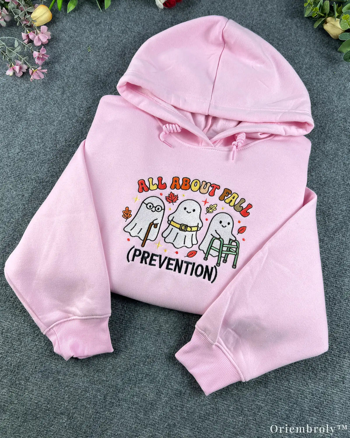 All About Fall Prevention Cute Ghost Nurse Embroidered Pink Hoodie