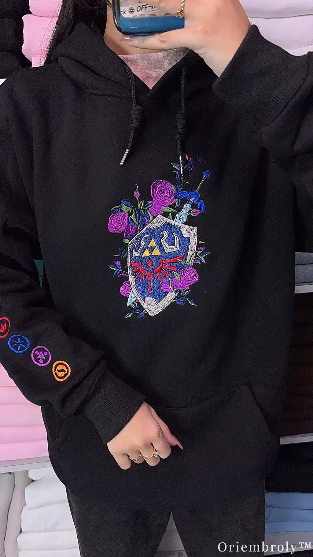 Fantasy Crest Floral Sword Embroidered Pullover Hoodie