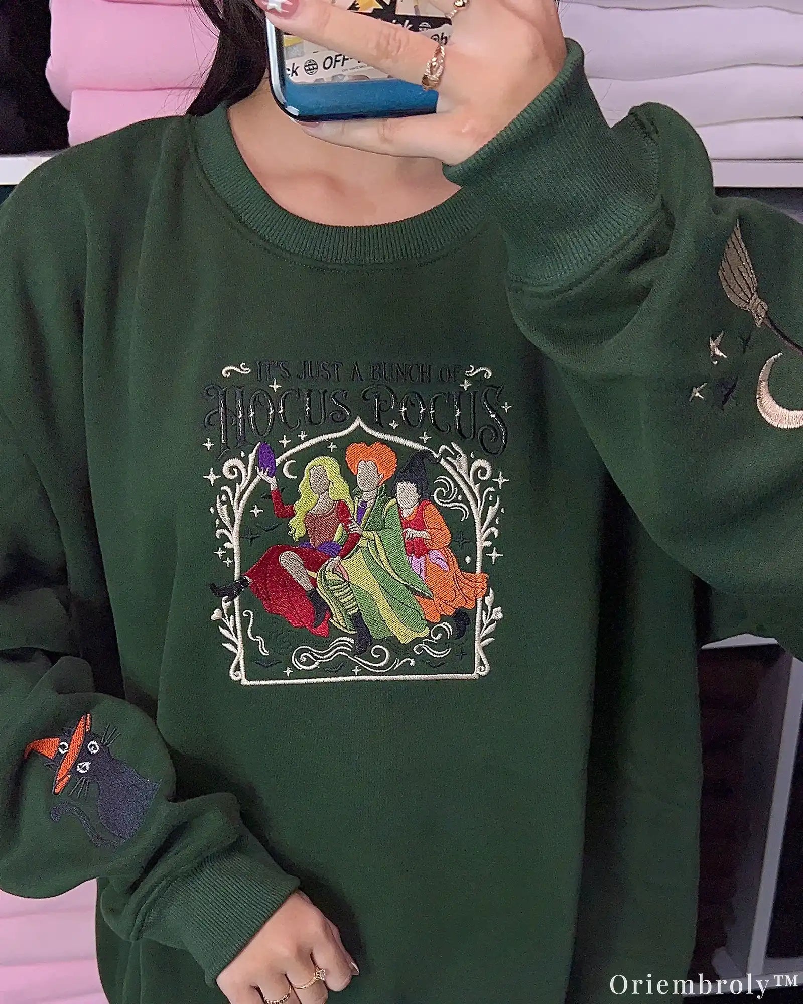 Halloween Embroidered Crewneck Sweatshirt Vintage Witch-Inspired Chest & Sleeve Design Unisex Oversized Pullover