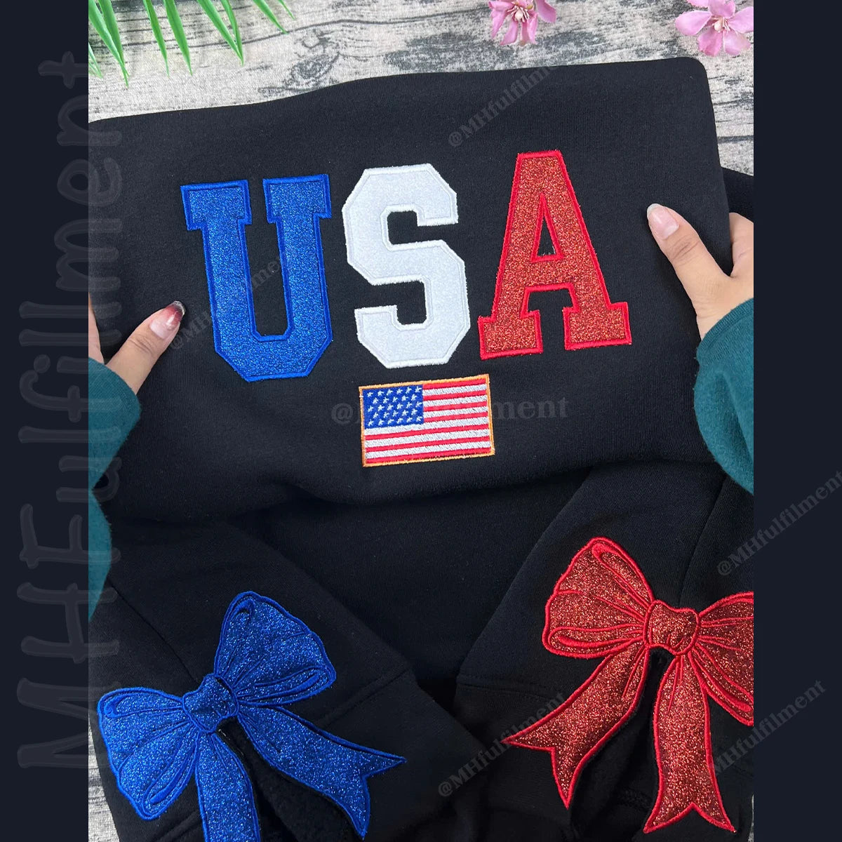 Patriotic red white blue sweatshirt with USA embroidery