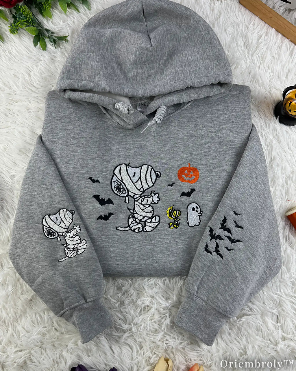 Embroidered Mummy Puppy Halloween Sweatshirt – Cute Ghost & Pumpkin Cozy Fleece Crewneck
