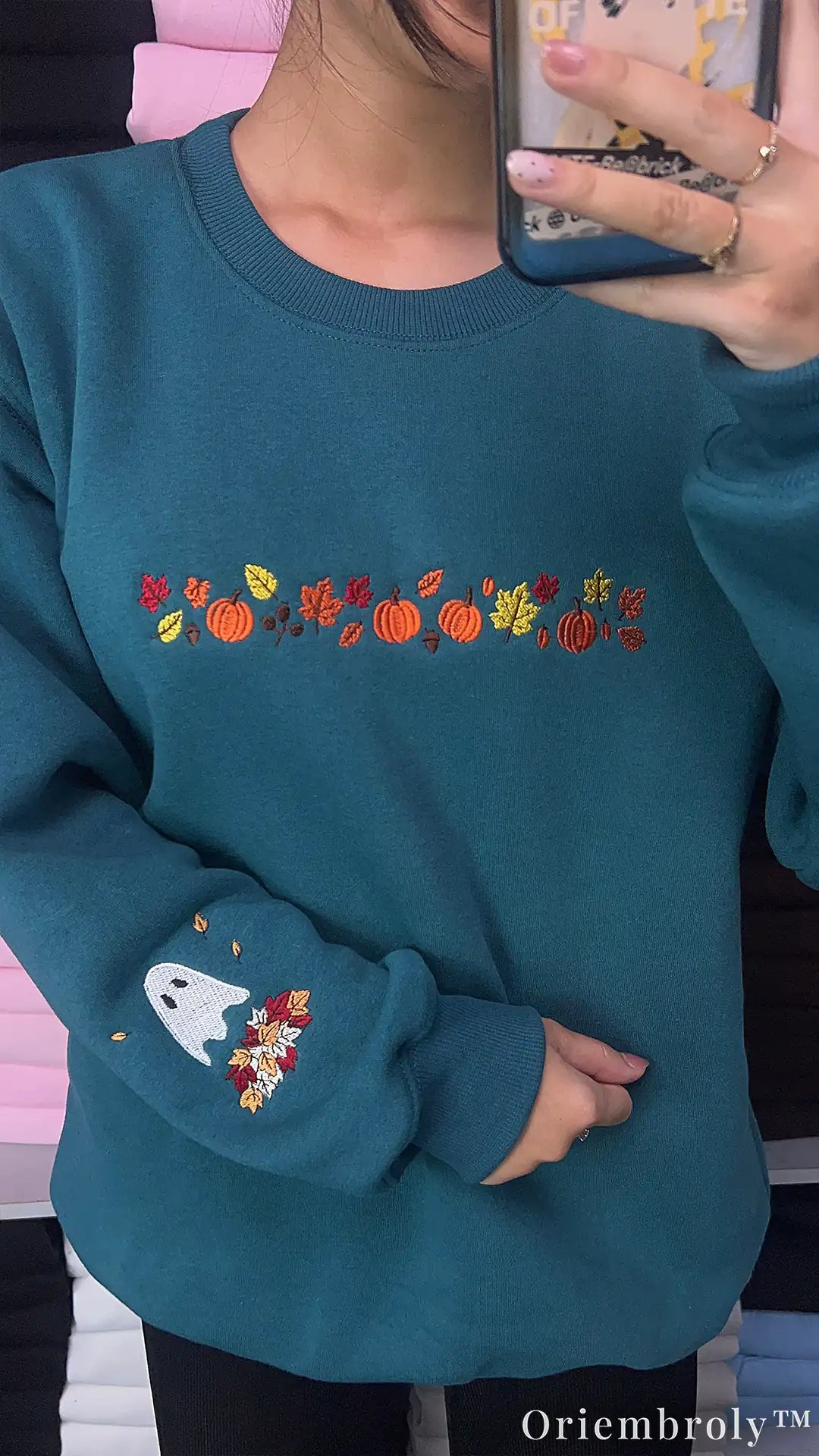 Autumn Harvest Embroidered Sweatshirt – Pumpkin Patch Ghost Fleece Crewneck