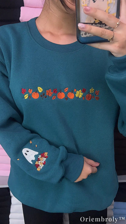 Autumn Harvest Embroidered Sweatshirt – Pumpkin Patch Ghost Fleece Crewneck