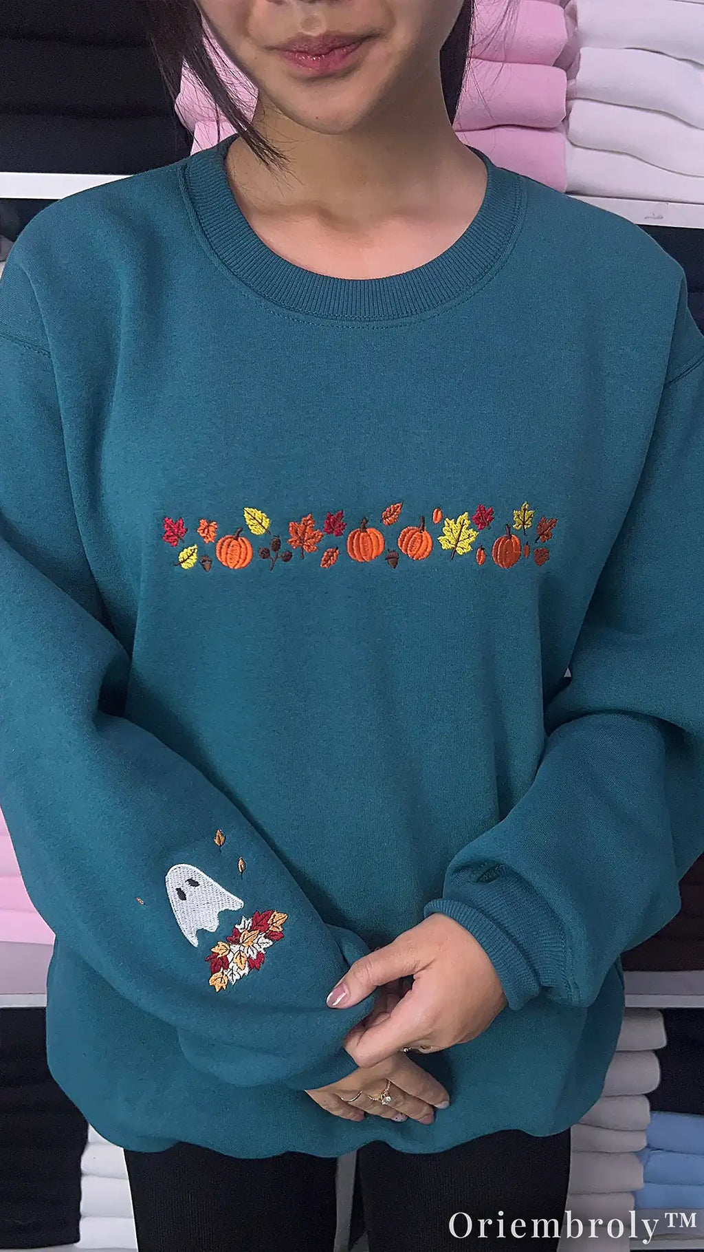 Autumn Harvest Embroidered Sweatshirt – Pumpkin Patch Ghost Fleece Crewneck